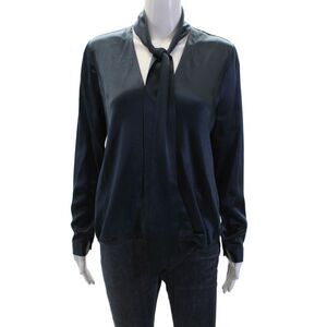 Michelle Mason Womens Silk Long Sleeves Button Down Blouse Navy Blue Size 6